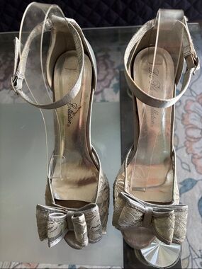 De Blossom satin light grey peep toes bow lace front heels stunning shoes